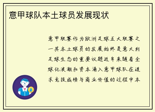 意甲球队本土球员发展现状